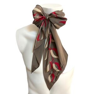 Vera Neumann Long Silk-Feel Scarf – Taupe with Red & Cream Leaves